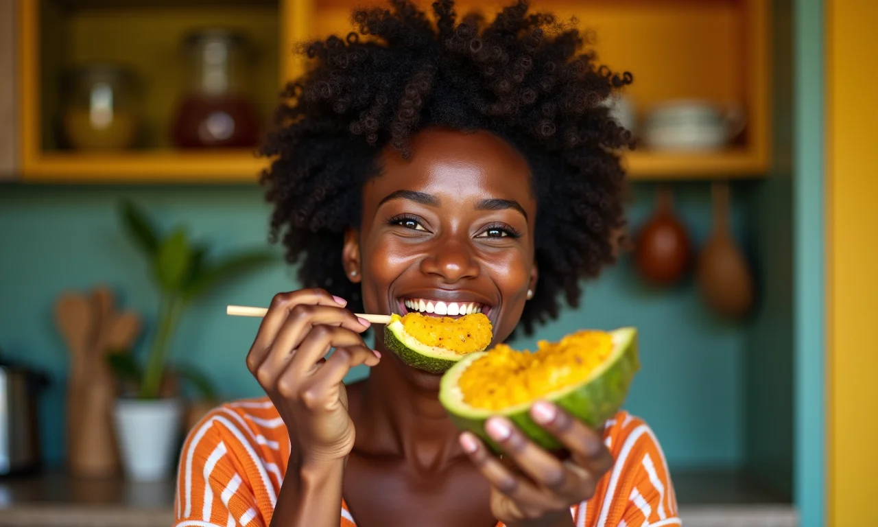 Mulher negra sorrindo enquanto come jaca em uma cozinha brasileira colorida.