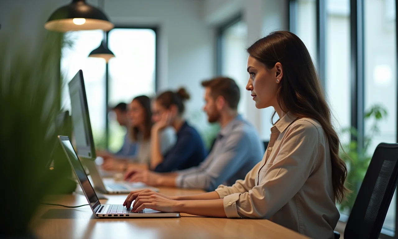 Mulher no escritório, pensando em colega de trabalho, ambiente moderno, estilo Farm Rio.