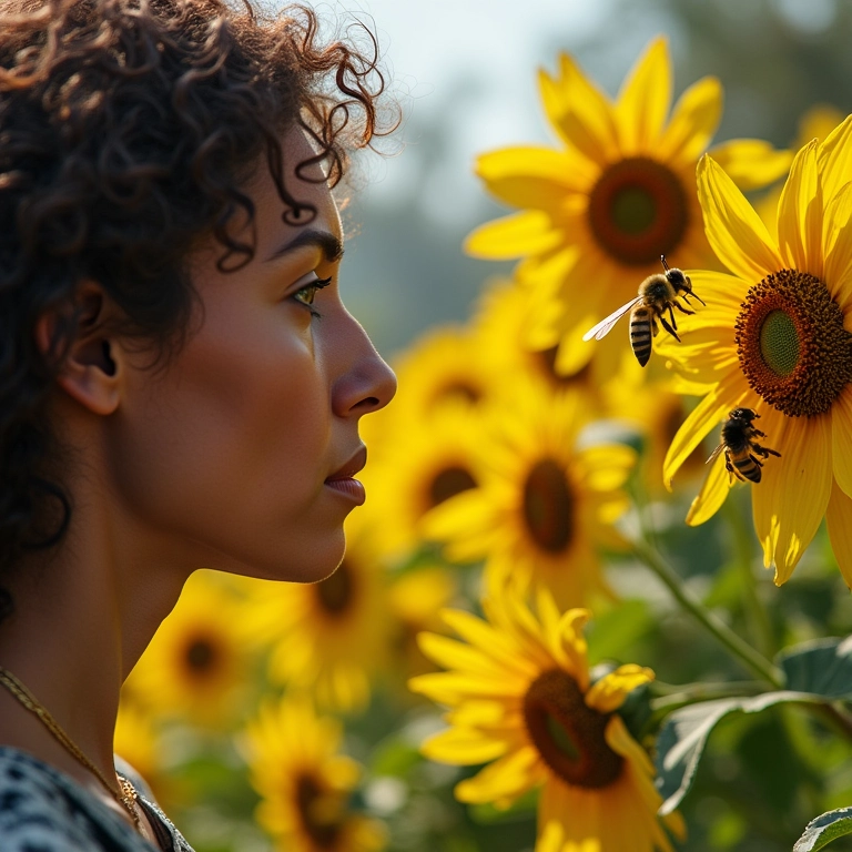 Mulher observa abelhas em jardim, ponderando sobre trabalho em equipe ou perigo.