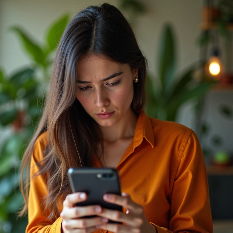 Mulher observa celular do parceiro com desconfiança, em lar brasileiro colorido.