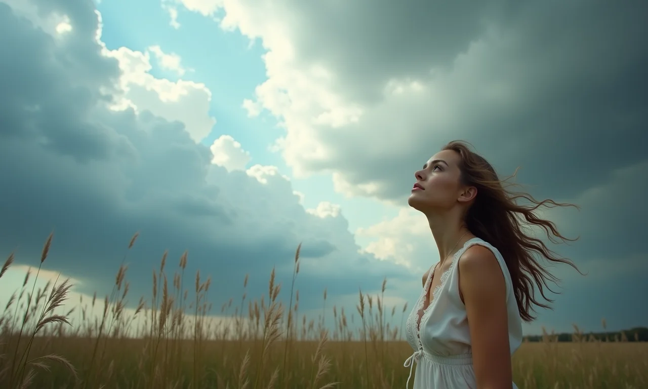 Mulher observa céu tempestuoso, prenúncio de mudanças.