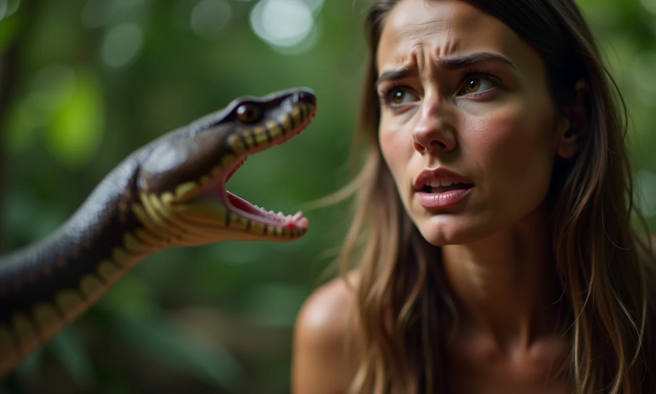 Mulher observando ataque de cobra a outra pessoa, expressando preocupação.