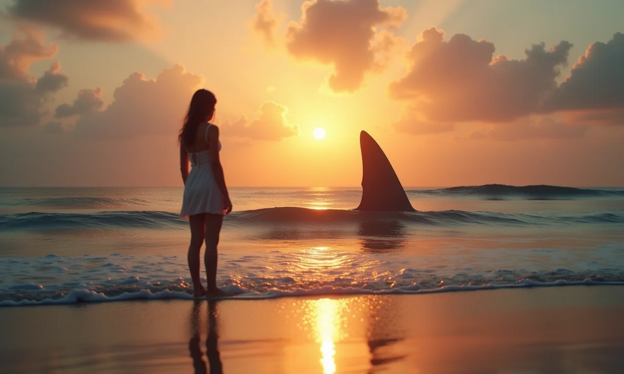 Mulher observando barbatana de tubarão ao pôr do sol, refletindo sobre o significado dos sonhos.