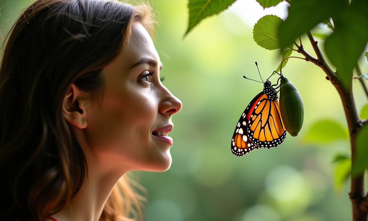 Mulher observando borboleta, transformação, esperança após sonho.
