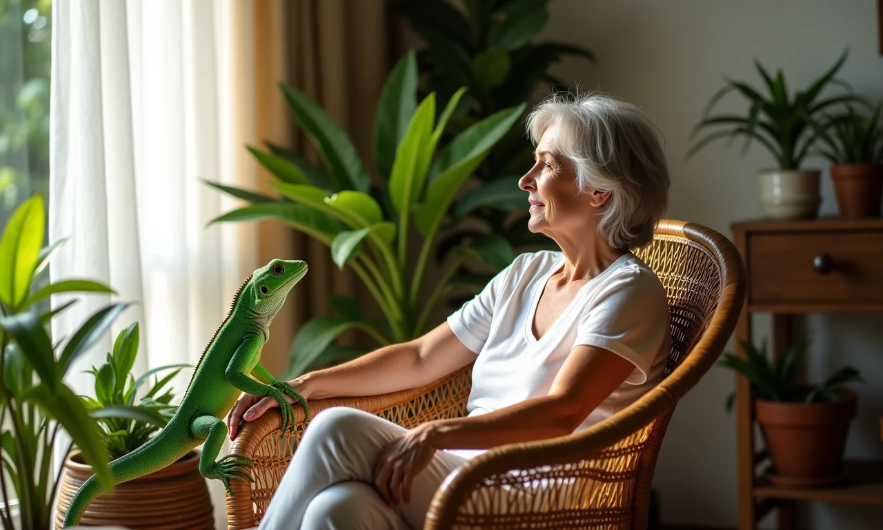 Mulher observando lagarto verde em planta.