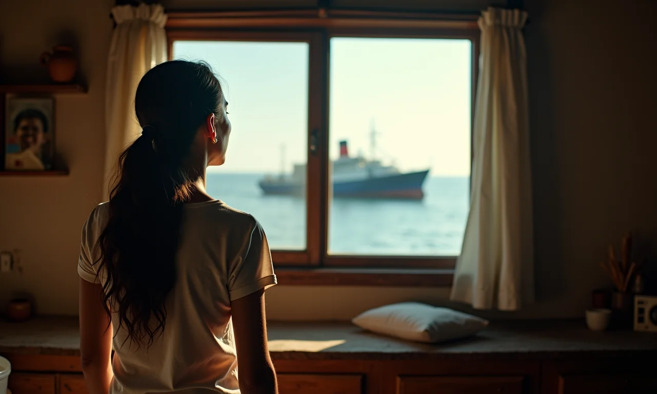 Mulher observando navio afundando ao longe, preocupada.