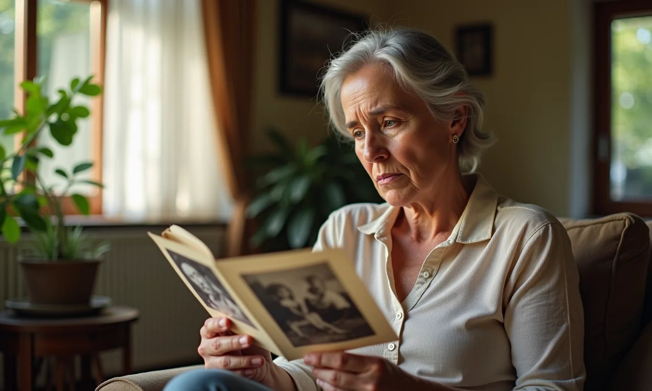 Mulher olha fotos antigas em sala decorada estilo Farm Rio, expressando saudade.