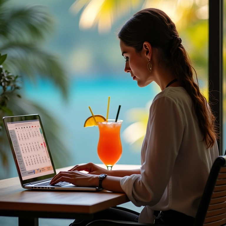 Mulher olhando calendário de praia no trabalho, representa sonho com férias.