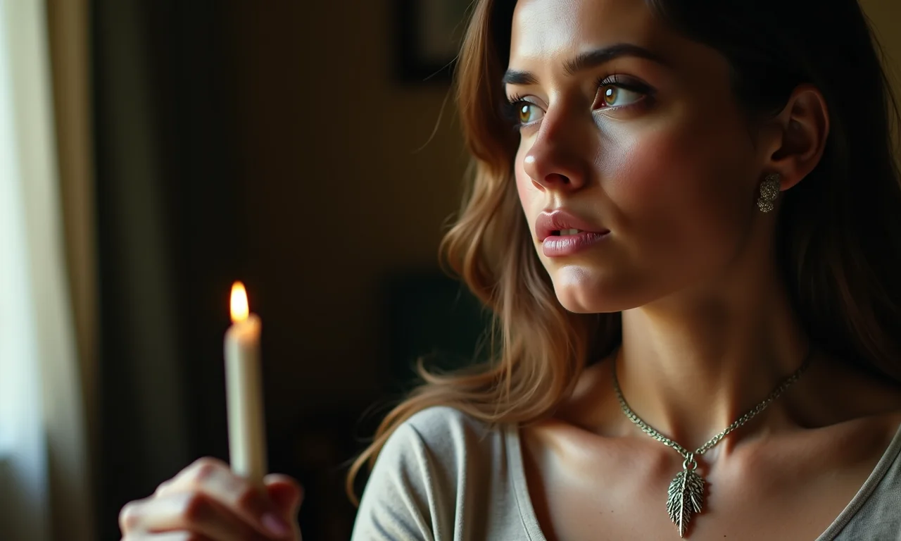 Mulher olhando colar simbólico, representando um antigo amor e memórias.