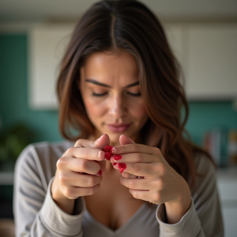 Mulher olhando para as mãos com pouco sangue nos dedos.
