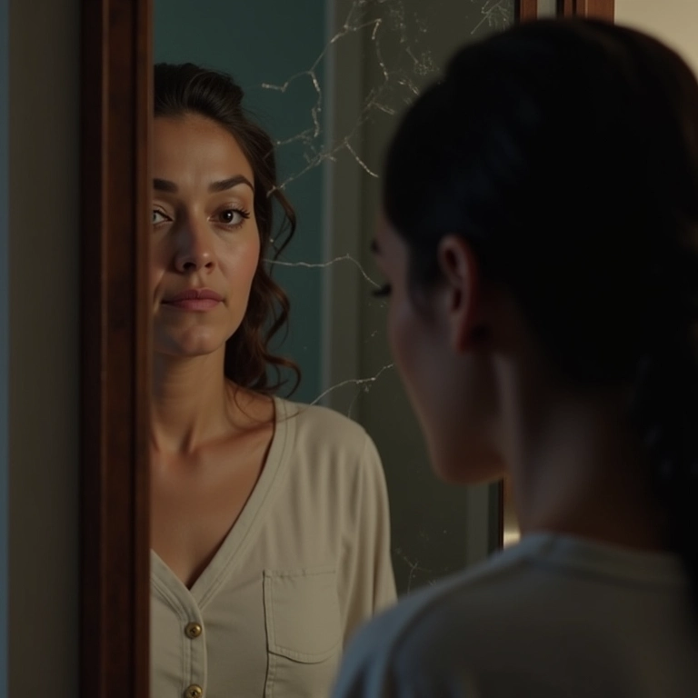 Mulher olhando para um espelho rachado, refletindo sobre padrões.