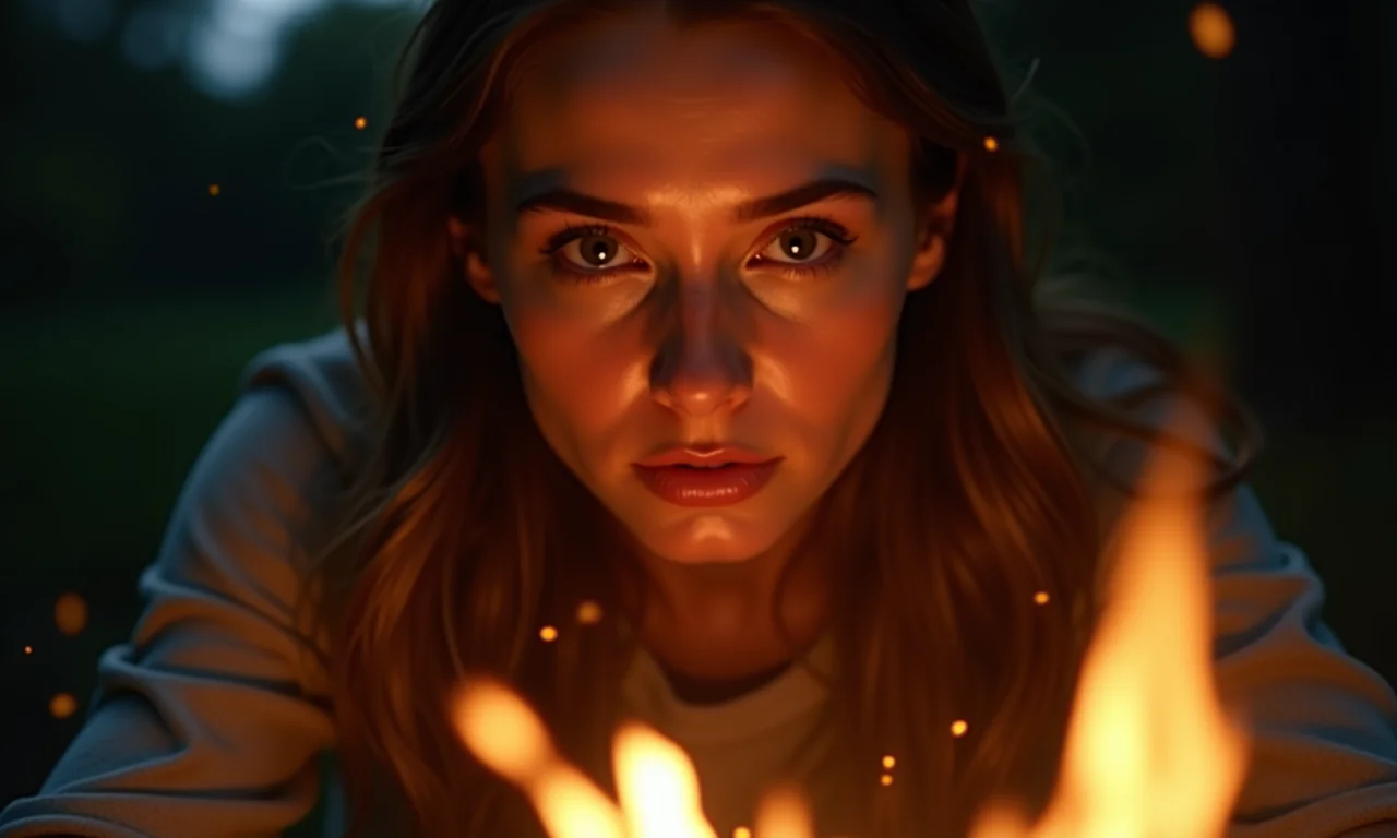 Mulher olhando para uma fogueira, com brasas subindo e reflexo do fogo nos olhos, simbolizando transformação.