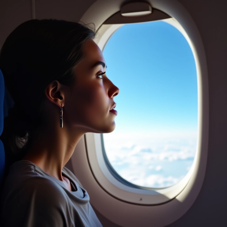 Mulher olhando pela janela do avião, sonhando acordada com o futuro.
