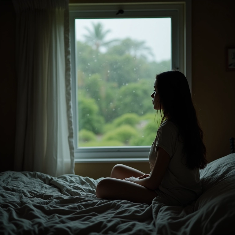 Mulher olhando pela janela em dia chuvoso, sentindo saudade.