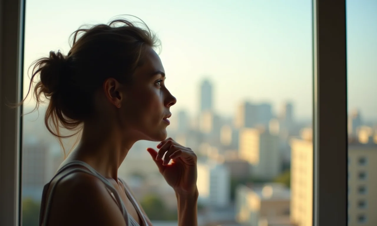 Mulher olhando pela janela, refletindo sobre mudanças na vida.