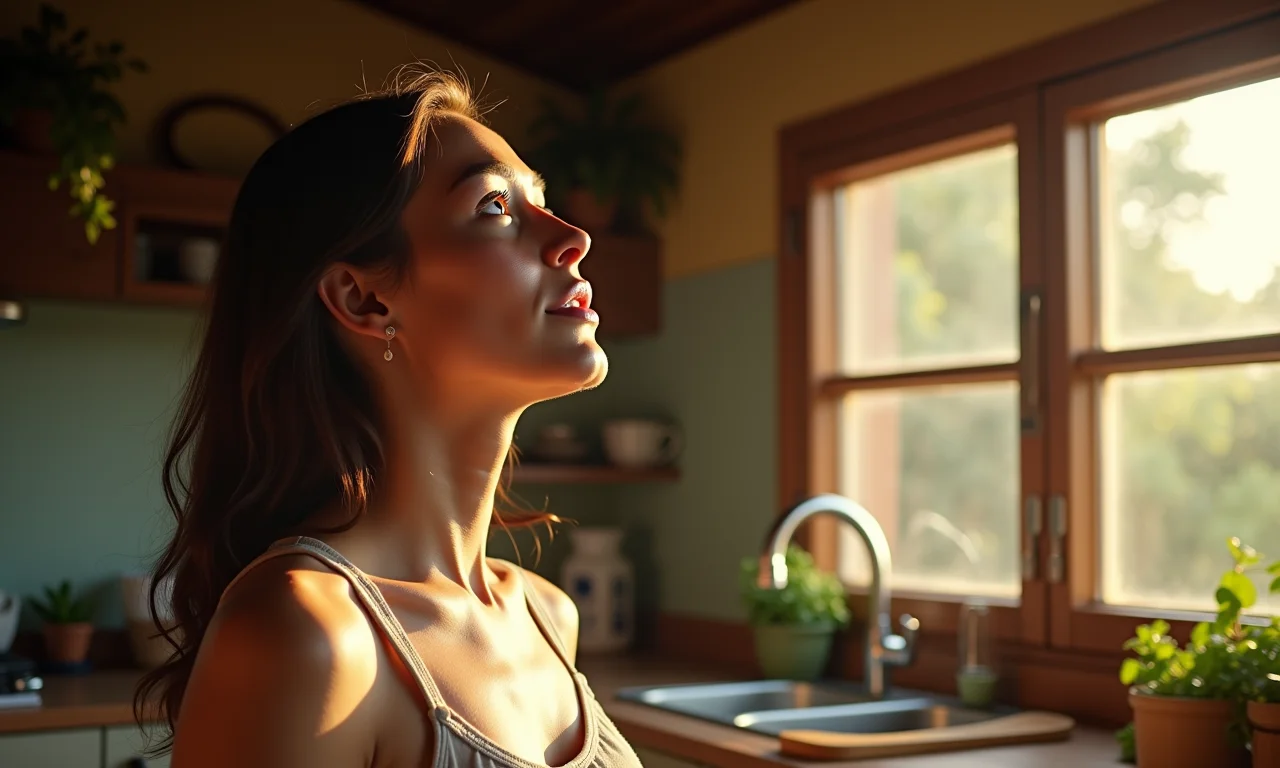 Mulher ouvindo um conselho em sonho na cozinha.