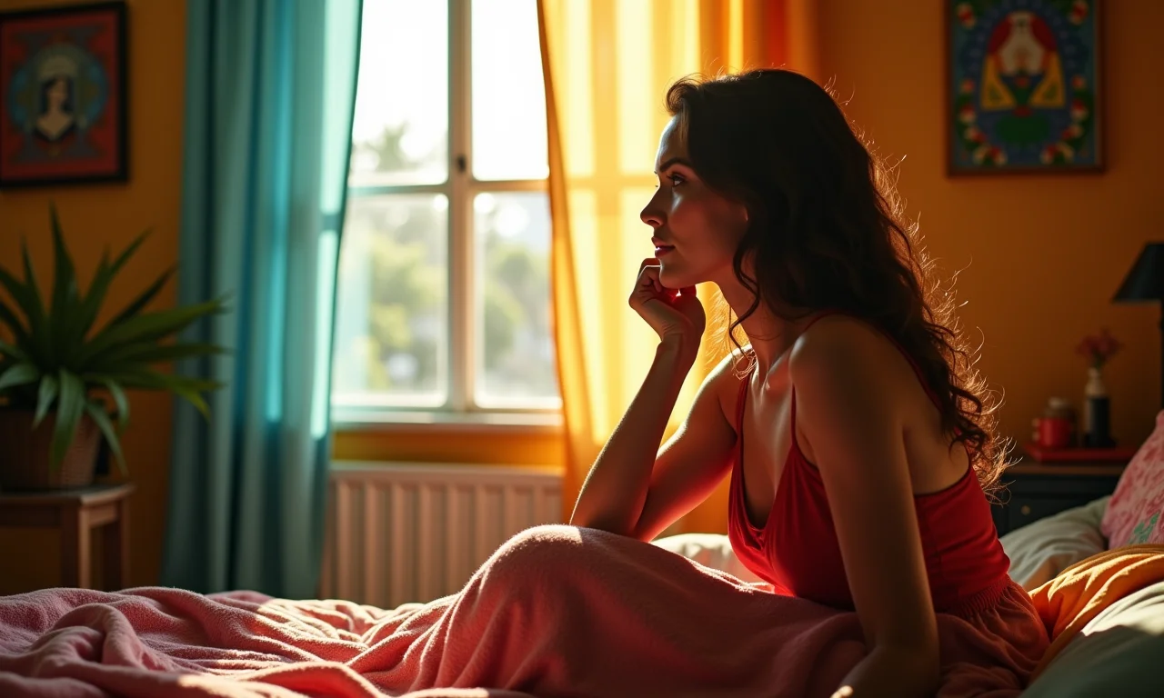 Mulher pensando em frente à janela, quarto colorido, estilo brasileiro, representando sonhos.