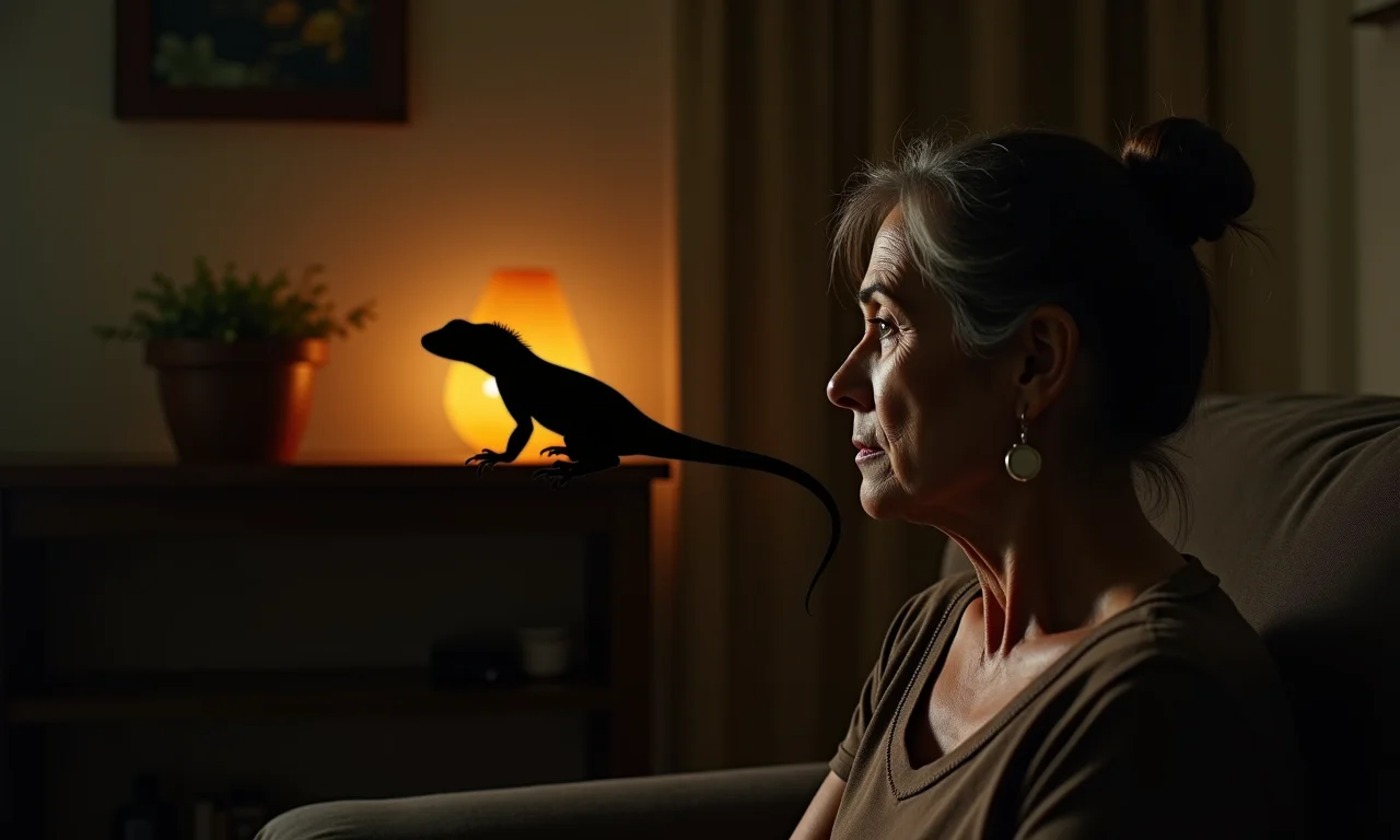 Mulher pensativa e um lagarto preto.