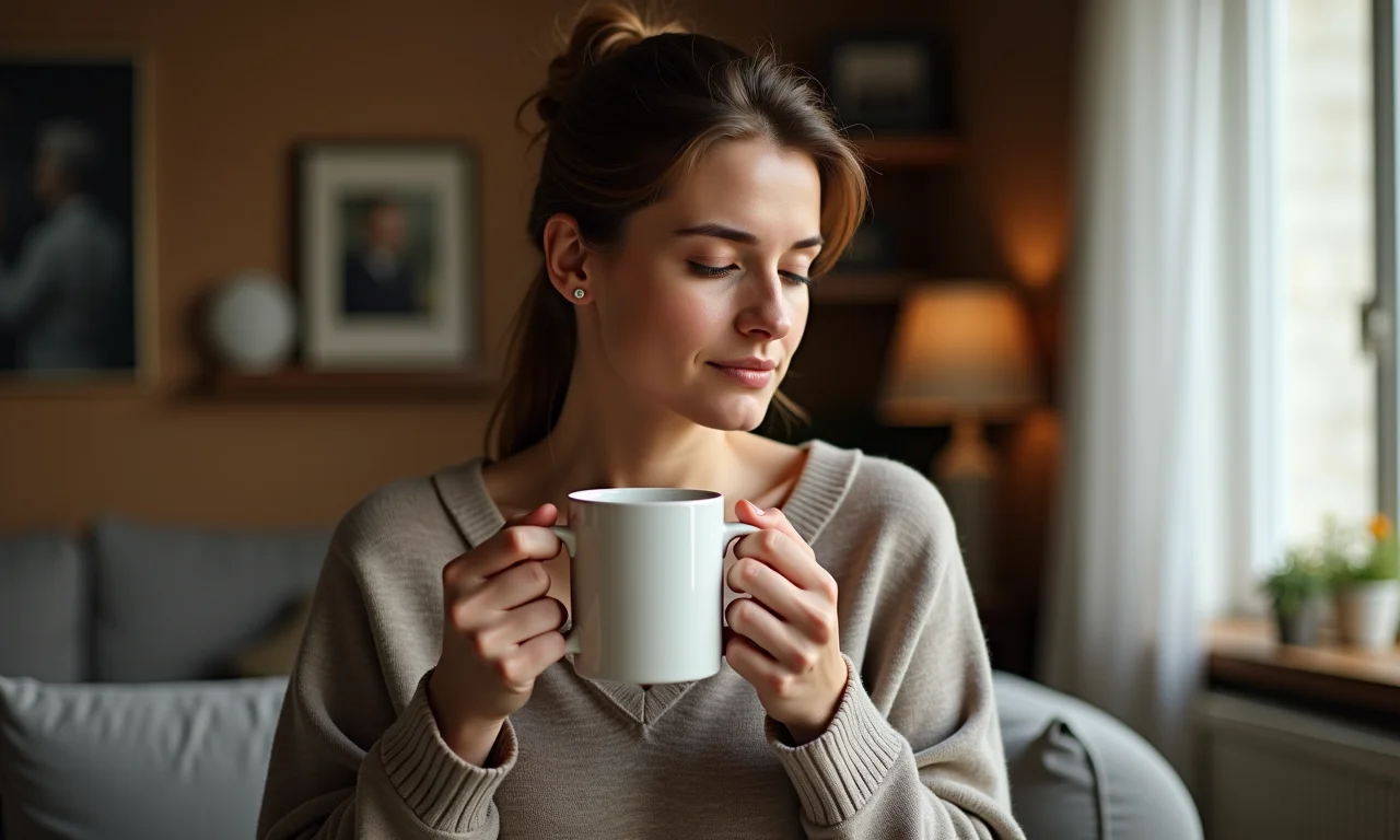 Mulher pensativa, lembrando ex-parceiro, caneca na mão, tons neutros, sala aconchegante.