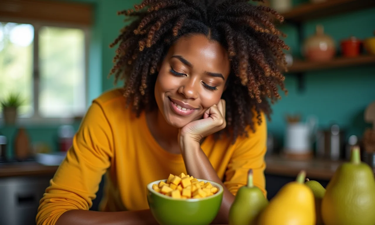 Mulher pensativa olhando para uma jaca em uma cozinha brasileira vibrante, simbolizando sonhos e significados.