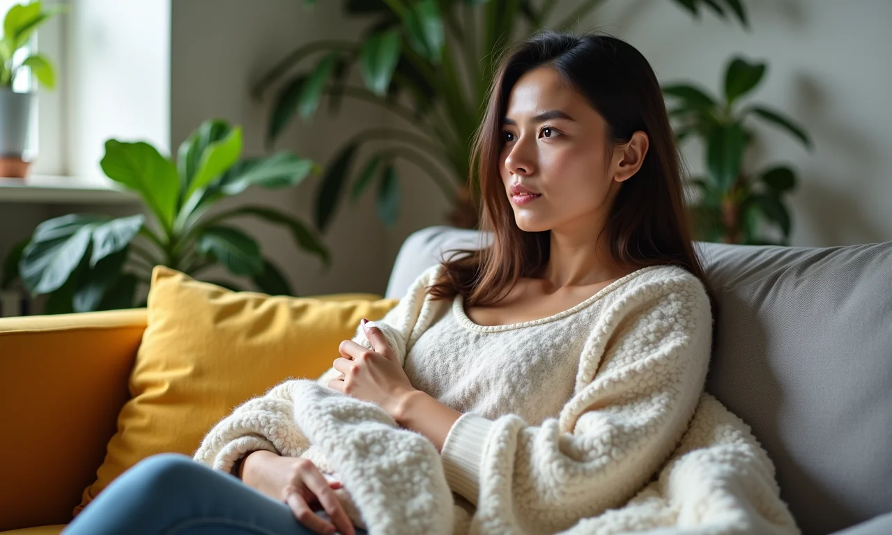 Mulher pensativa segurando manta de bebê em sala colorida.