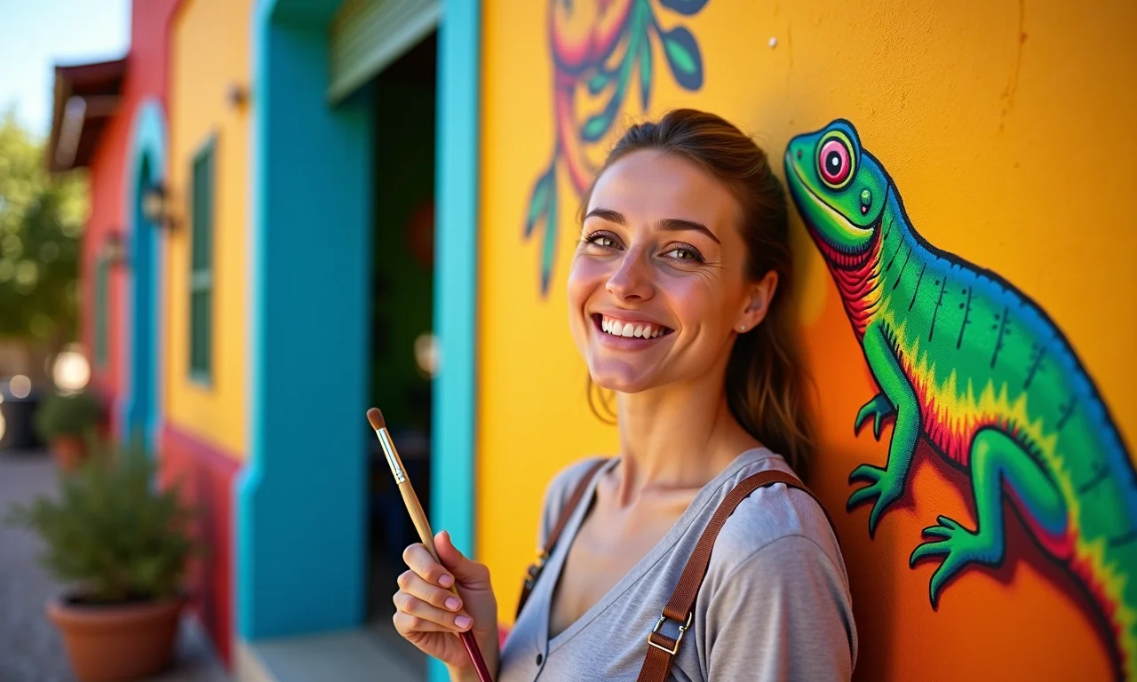 Mulher pintando mural com lagarto colorido.