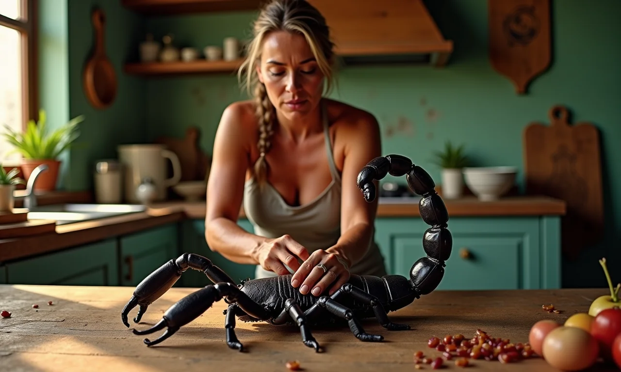 Mulher pisando em um escorpião preto em uma cozinha colorida.