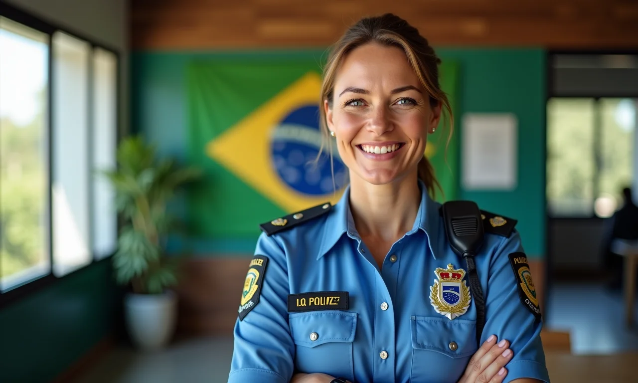 Mulher policial sorrindo confiantemente em delegacia moderna com toques de design brasileiro.