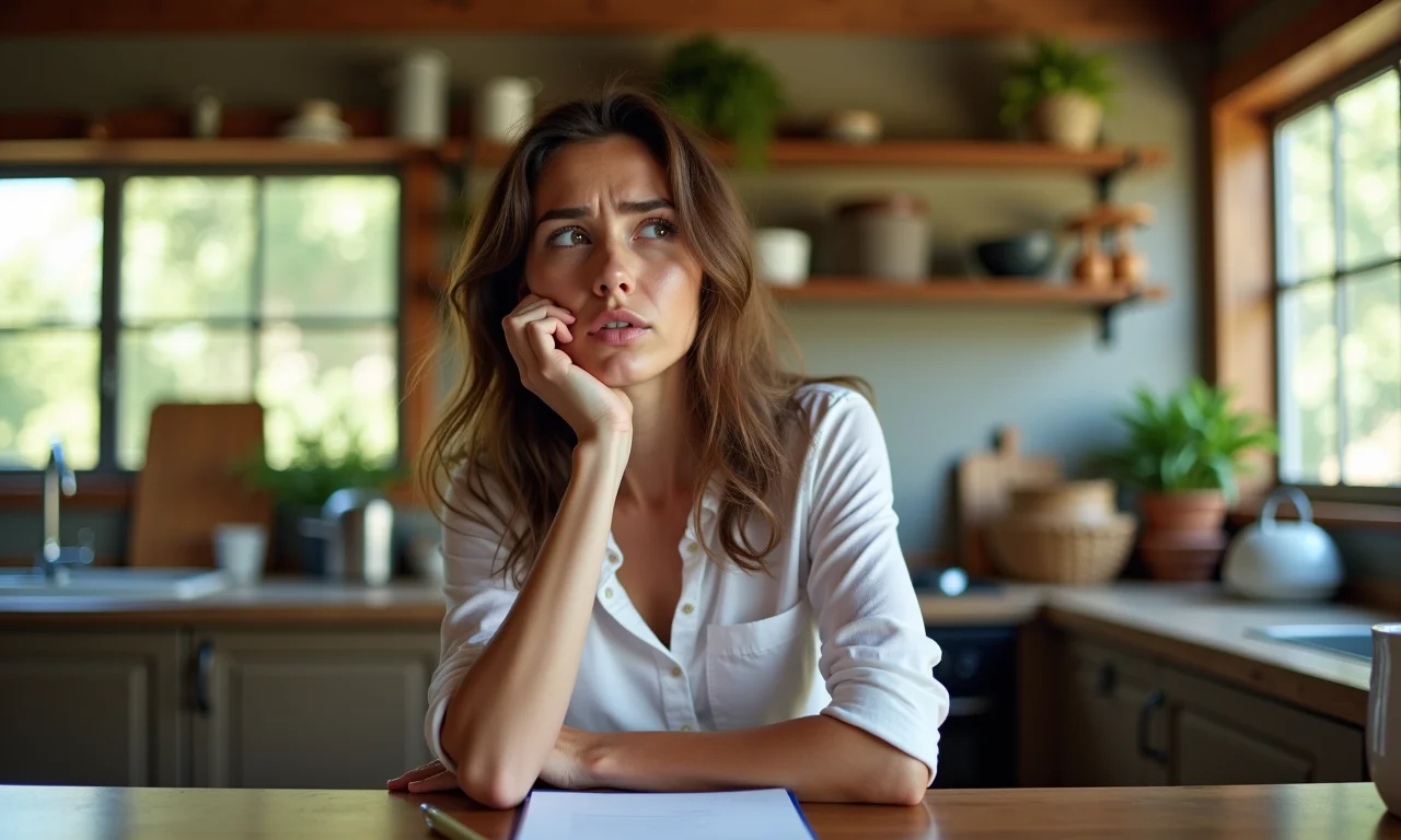 Mulher preocupada anota sonho recorrente com Yama na cozinha.