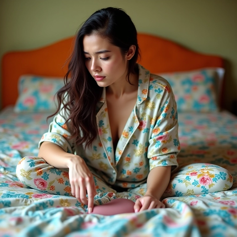 Mulher preocupada apontando para xixi na cama.