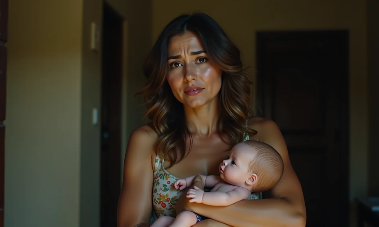 Mulher preocupada com boneca pálida, sonho bebê doente