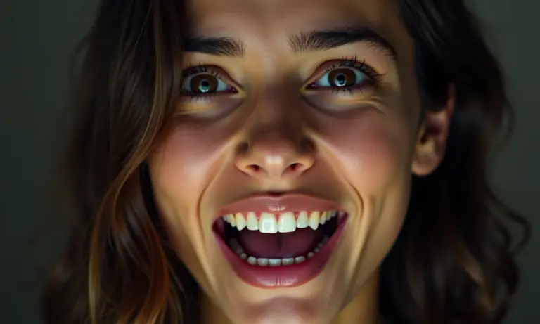 Mulher preocupada com dentes caindo em sonho, reflexão sobre ansiedade.