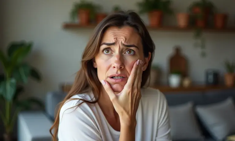Mulher preocupada com um dente quebrado.