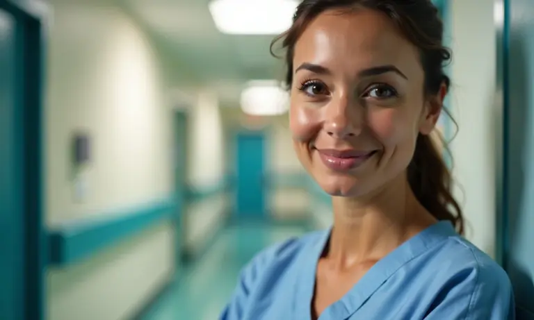 Mulher preocupada em corredor de hospital iluminado.