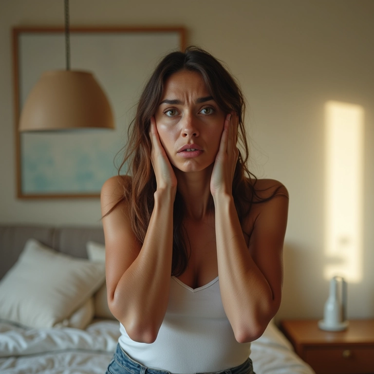 Mulher preocupada em quarto iluminado, com expressão de medo e confusão.