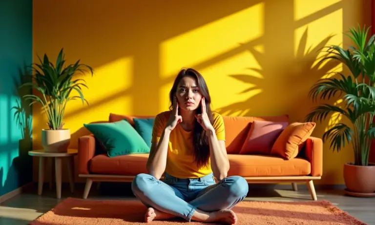 Mulher preocupada em sala vibrante, sombras de guerra a rodeiam.