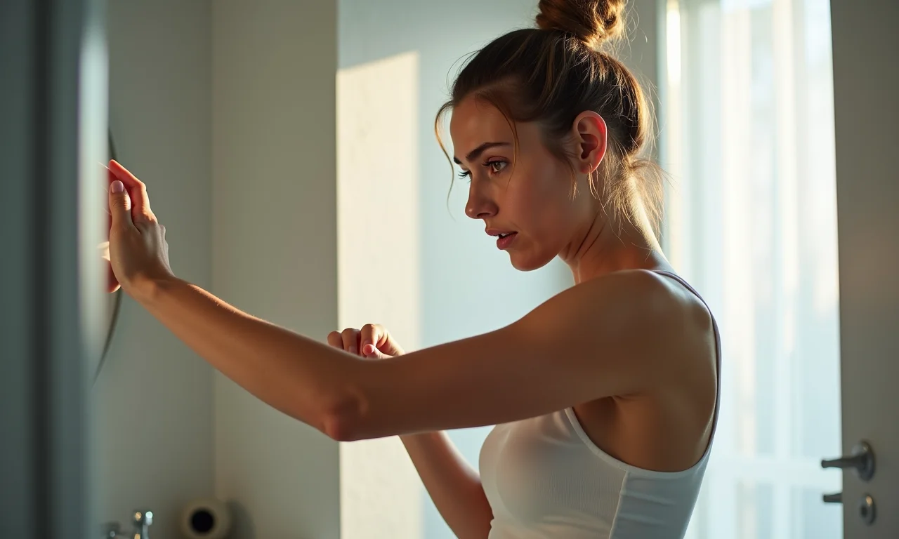 Mulher preocupada examina o braço em busca de carrapatos em banheiro iluminado.