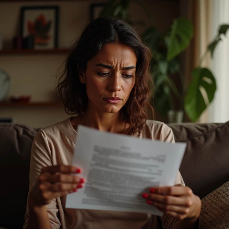 Mulher preocupada lendo papéis de divórcio em sala de estar aconchegante com decoração brasileira.