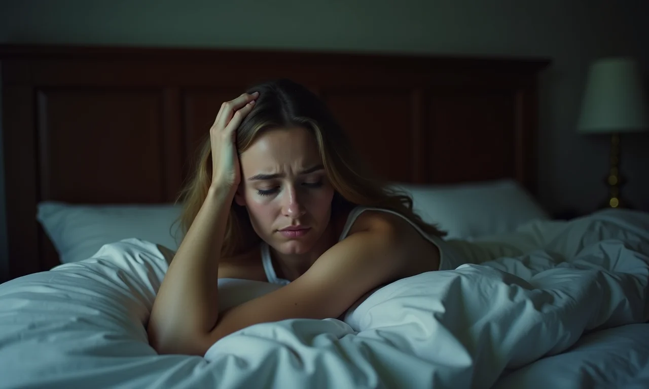 Mulher preocupada na cama, pensando em traição do namorado.