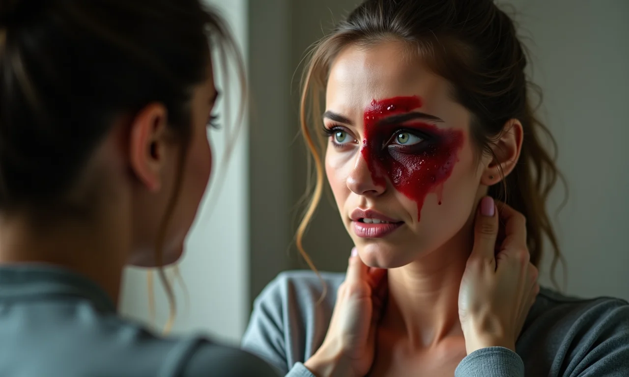 Mulher preocupada observa outra pessoa com maquiagem de queimadura sendo consolada.