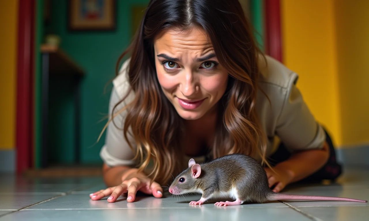 Mulher preocupada observando rato, representando medos e inseguranças.