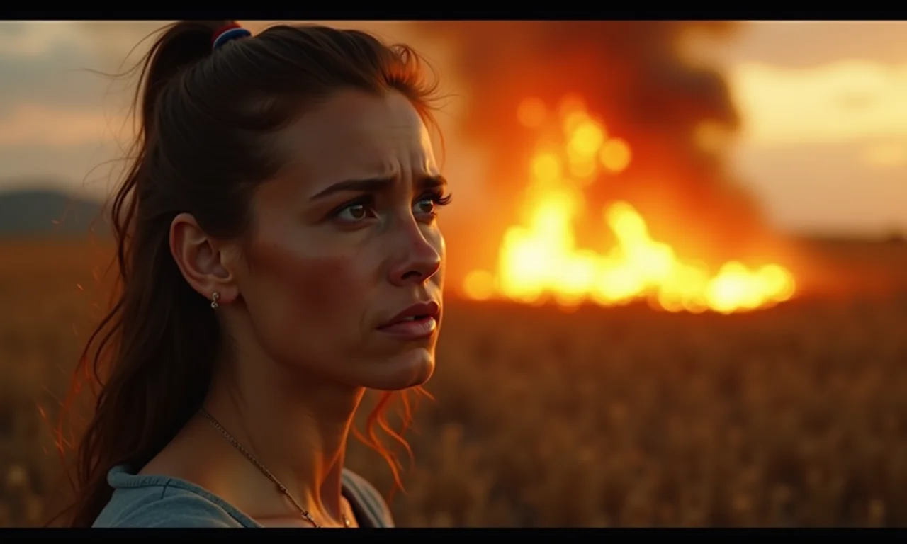 Mulher preocupada olhando para um fogo incontrolável à distância, representando caos e excesso.
