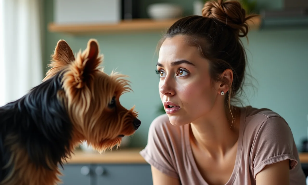Mulher preocupada olhando para Yorkshire Terrier com pelos eriçados.