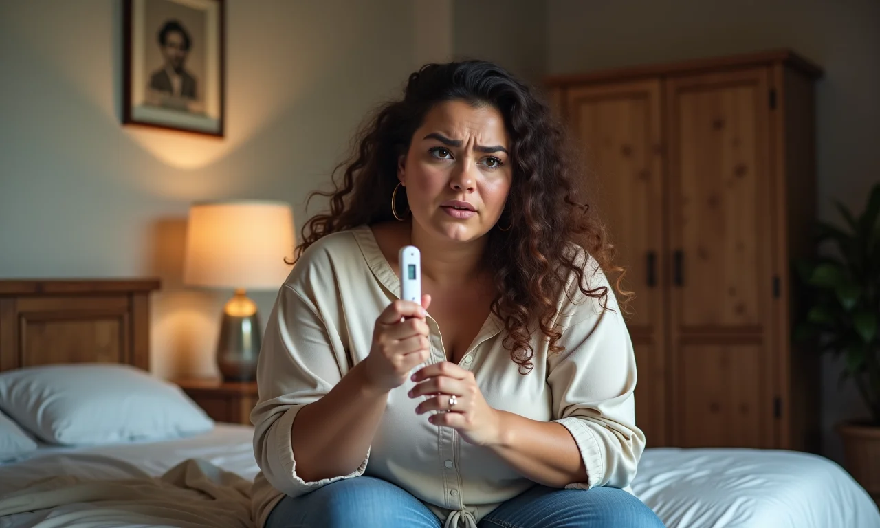 Mulher preocupada segurando termômetro em quarto aconchegante.