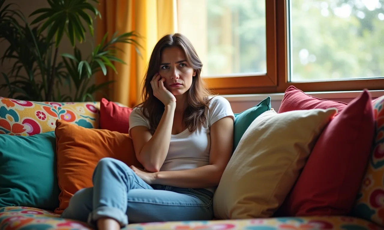 Mulher preocupada sentada em sofá colorido, refletindo sobre sonho com a morte de um parente.