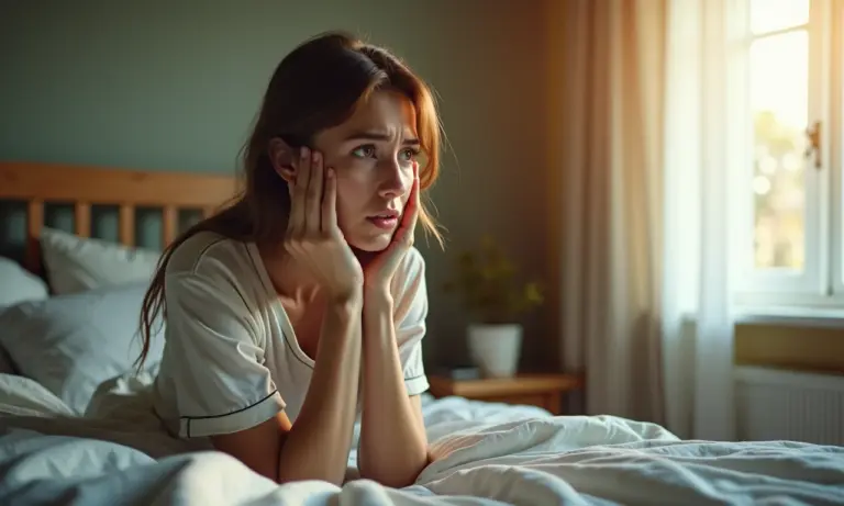 Mulher preocupada sentada na cama pensando sobre o significado de sonhar com urina.