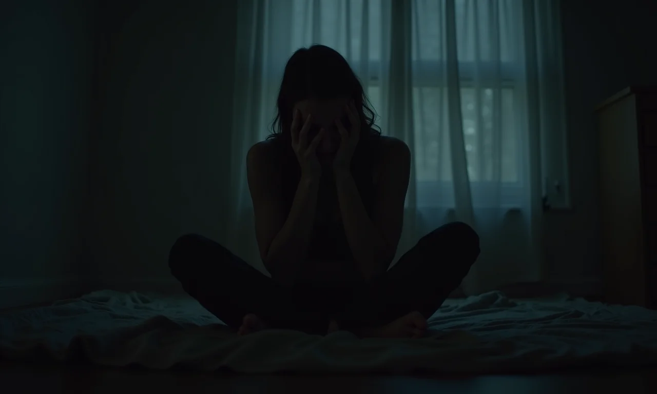 Mulher preocupada sentada sozinha, representando gravidez indesejada.