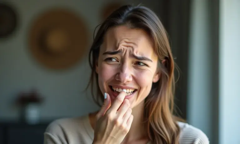 Mulher preocupada toca seus dentes, expressando ansiedade.