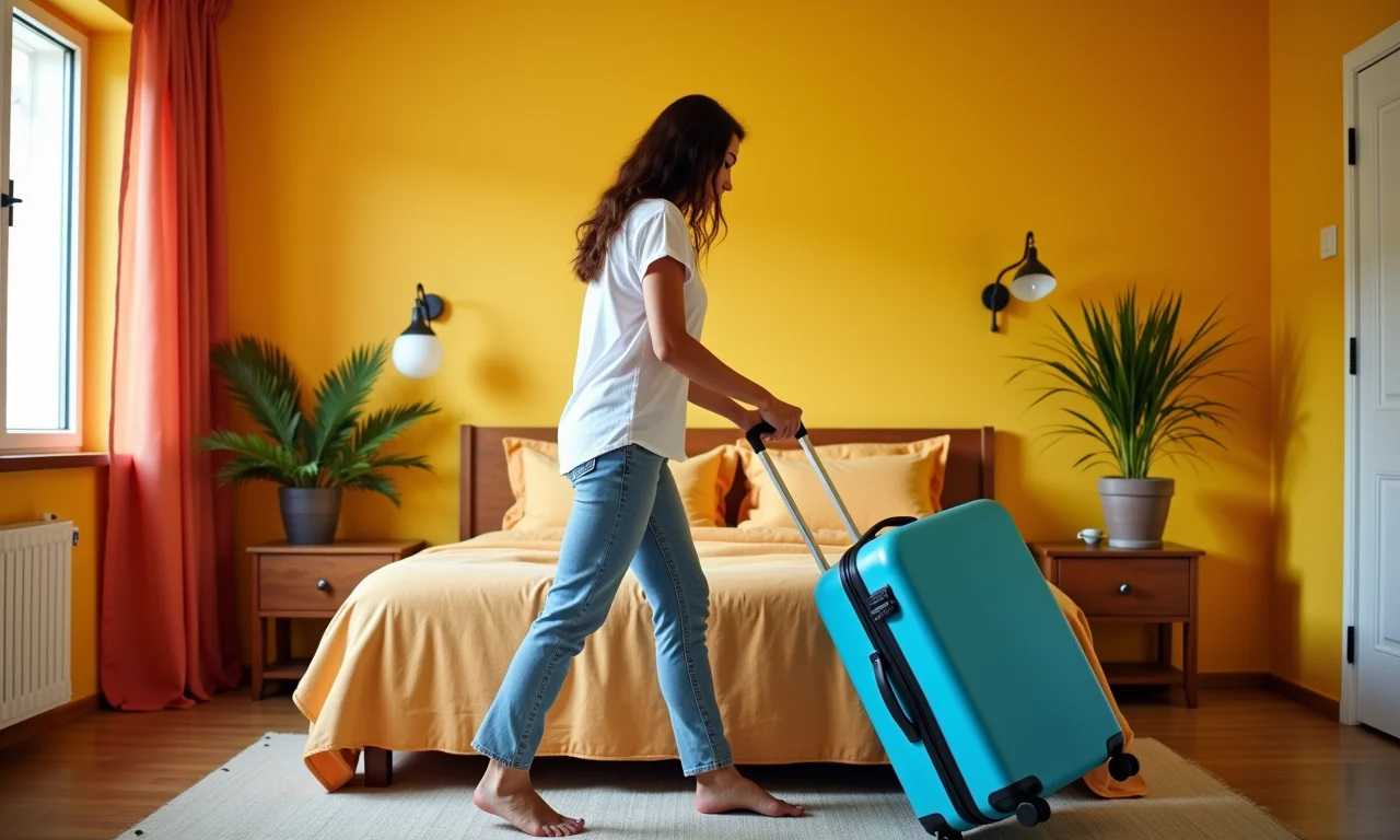 Mulher preparando mala em quarto colorido, representando necessidade de se afastar.