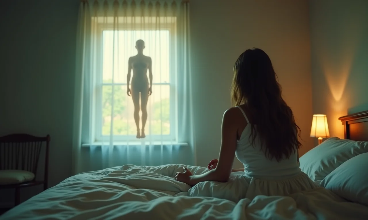 Mulher refletindo sobre sonho com ente querido falecido, atmosfera onírica.